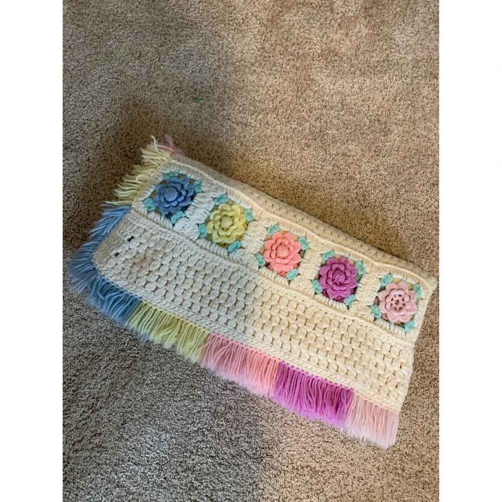 Hand Crocheted Floral Afghan, Vintage Style Lap Blanket